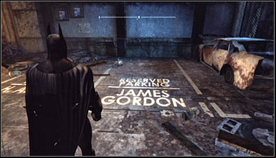 Afterwards scan James Gordons parking space (screen above) - Riddles | Amusement Mile - Amusement Mile - Batman: Arkham City Game Guide