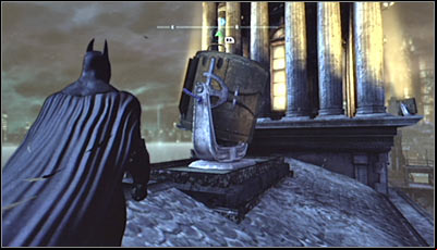 Search for the large searchlight used to call Batman on the GD building (screen above) and scan it - Riddles | Amusement Mile - Amusement Mile - Batman: Arkham City Game Guide