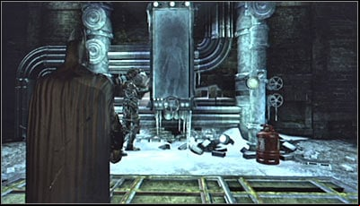 After getting inside the building, stand in front of the chamber with Nora Fries, beside which Mister Freeze should be (screen above) - Riddles | Industrial District - Industrial District - Batman: Arkham City Game Guide