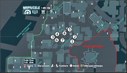 The screen above shows the roofs where the snipers are and the suggested order of eliminating them - Follow tracker to save Talia from Joker | Main story - Main story - Batman: Arkham City Game Guide