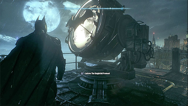 In both cases you need to get to the searchlight on the top of the police station - Additional endings - Knightfall Protocol | Main story | Batman Arkham Knight - Main story - Batman: Arkham Knight Game Guide & Walkthrough