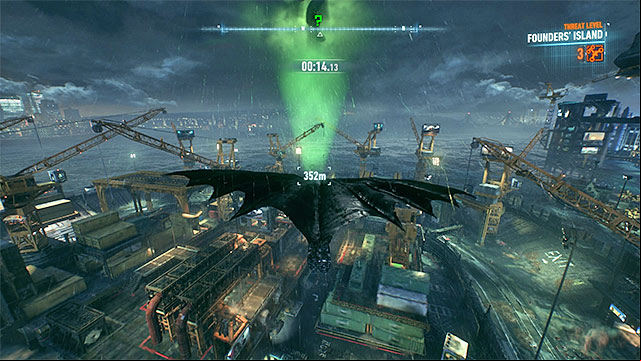 Use the grappling hook launcher on the way to catapult Batman - Riddler trophies on Founders Island (17-33) | Collectibles - Founders Island - Collectibles - Founders Island - Batman: Arkham Knight Game Guide & Walkthrough