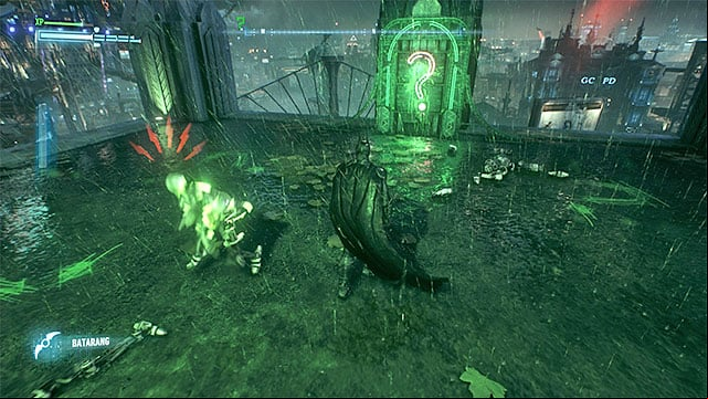 Hitting the question mark will allow you to attack the red robots - Riddler trophies on Miagani Island (1-19) | Collectibles - Miagani Island - Collectibles - Miagani Island - Batman: Arkham Knight Game Guide & Walkthrough