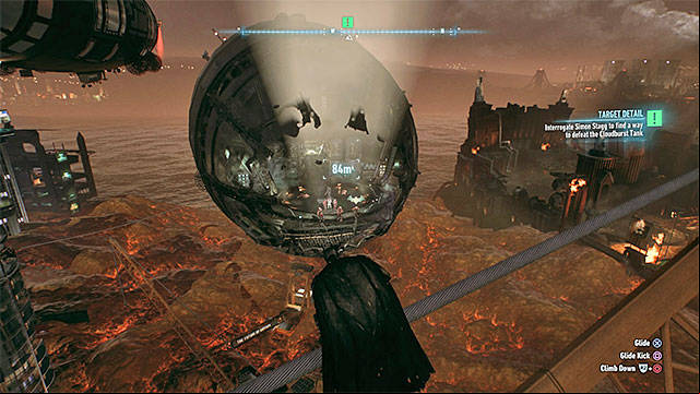 Glide to the front of the wrecked airship - Interrogate Simon Stagg to find a way to defeat the Cloudburst Tank | Main story - Main story - Batman: Arkham Knight Game Guide & Walkthrough