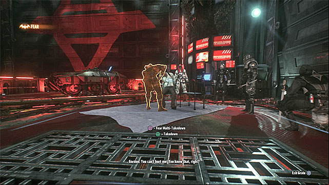 Attack Arkham Knights men stationed near the imprisoned commissioner Gordon - Find commissioner Gordon in the shopping mall (continued) | Main story - Main story - Batman: Arkham Knight Game Guide & Walkthrough