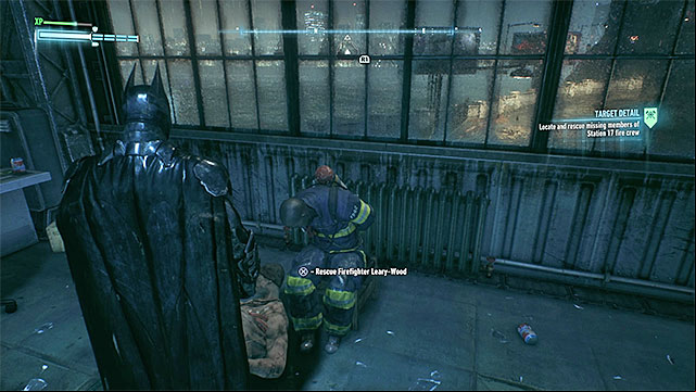 An example fireman - you can free him only after taking care of nearby bandits - The Line of Duty | Side missions (Most Wanted) | Batman Arkham Knight - Side missions (Most Wanted) - Batman: Arkham Knight Game Guide & Walkthrough
