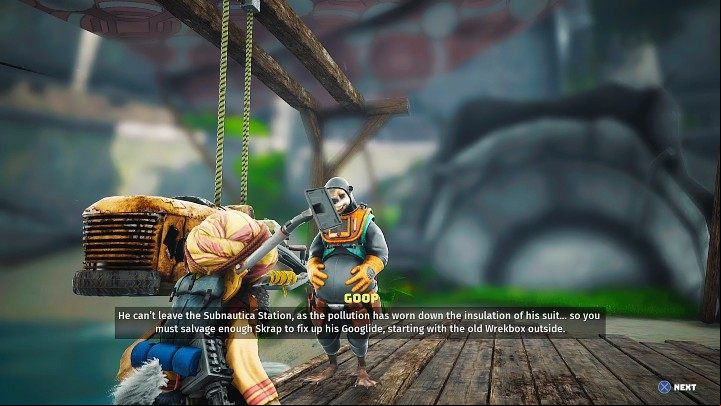 Goop will tell you a bit about the main character's past, but also about his Googlide and how the jet ski he built can help you fight Porky Puff - Biomutant: Goop - walkthrough - Main quests - Biomutant Guide