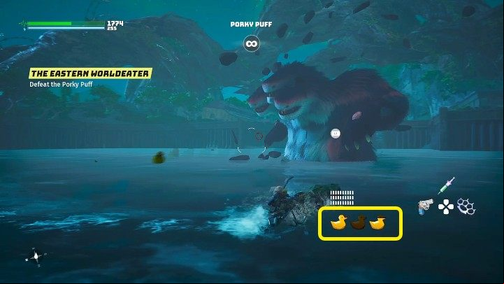 As soon as the Porky Puff emerges to locate his target, throw out a rubber duck to distract him - this will cause the boss to go on land - Biomutant: The Eastern World Eater - walkthrough - Main quests - Biomutant Guide