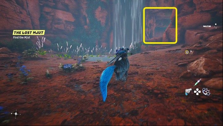 You will find the Mjut in the cave behind the waterfall - the entrance is marked in the picture above - Biomutant: Noko - walkthrough - Main quests - Biomutant Guide