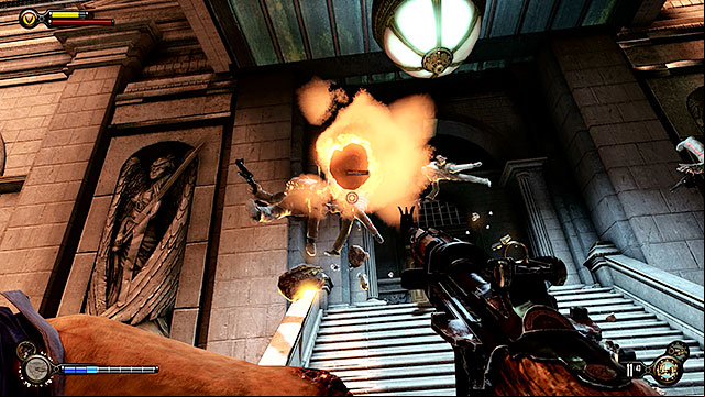 Ask Elizabeth to open a gate leading to a square located in front of the bank and use the stairs to get to the building - Find the next tear | Chapter 31 - Memorial Gardens - Chapter 31 - Memorial Gardens - BioShock Infinite Guide