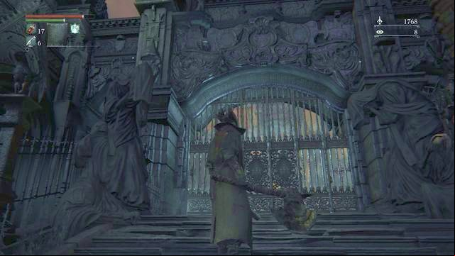 To open the gate you need an emblem which you can buy for 10 000 Blood Echoes or you can open it at the other side, after you meet several more conditions. - Cathedral Ward | Walkthrough - Walkthrough - Bloodborne Game Guide & Walkthrough