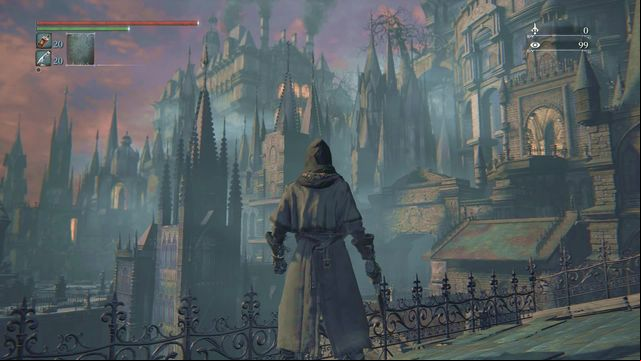 The view outside the window, right after you jump out of the lift; On the left, there is a age to the upper part of the Oedon Chapel. - Cathedral Ward | Walkthrough - Walkthrough - Bloodborne Game Guide & Walkthrough