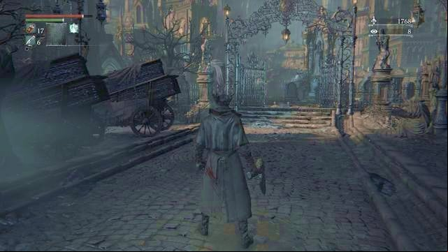 In front of the gate turn left. - Cathedral Ward - Central Square | Walkthrough - Walkthrough - Bloodborne Game Guide & Walkthrough
