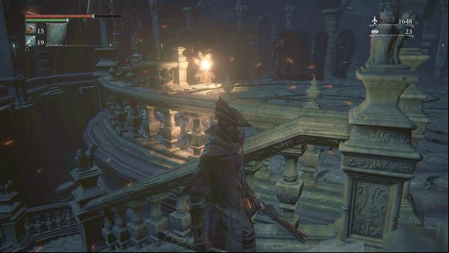 Watch out for the machine gun when walking up. - Healing Church Workshop | Walkthrough - Walkthrough - Bloodborne Game Guide & Walkthrough