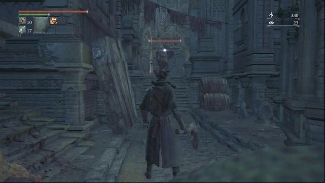 You can ambush the strong enemy coming from the second street if you head to the first one, on your left. - Healing Church Workshop | Walkthrough - Walkthrough - Bloodborne Game Guide & Walkthrough