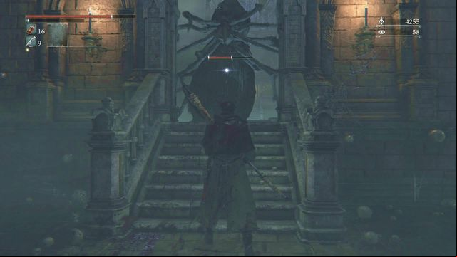After entering another room be prepared to face a giant spider which will fall from the ceiling with few smaller ones - Nightmare of Mensis | Walkthrough - Walkthrough - Bloodborne Game Guide & Walkthrough