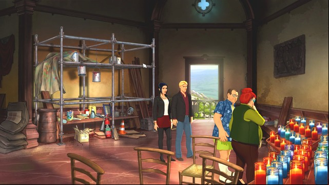 Because of the renovation, the chapel hardly resembles a place of worship. - Nico and George - Santa Cova Chapel - Montserrat - Broken Sword: The Serpents Curse - Game Guide and Walkthrough