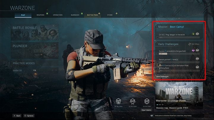 The current main mission and three available daily tasks are visible in the main menu on the right - Warzone: Level up - how to quickly earn experience? - Basics - Warzone Guide
