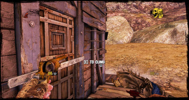 The ladder to the roof from which you can jump over the obstacle - Episode 12 - Death Rides a Steel Stallion - Walkthrough - Call of Juarez: Gunslinger - Game Guide and Walkthrough