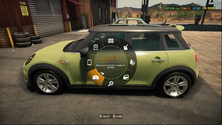 Turn on the pie menu while looking at the car awaiting repair and choose the Move option - Car Mechanic Simulator 2021: Replacing Parts - Basics - Car Mechanic Simulator 2021 Guide