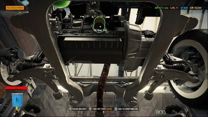 Some engine parts, like the oil filter or the oil sump require examination from below - Car Mechanic Simulator 2021: Replacing Parts - Basics - Car Mechanic Simulator 2021 Guide