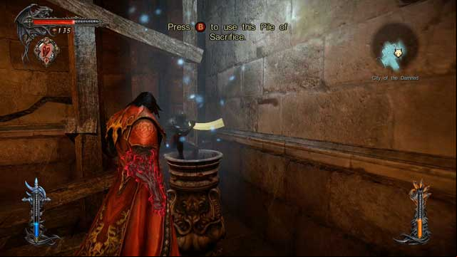 First Pile of Sacrifice in the game is located at the entrance to the elevator leading to the Chupacabras store. - Mission 3 - The Antidote - Piles of Sacrifice and Dungeon Keys - First - Castlevania: Lords of Shadow 2 - Game Guide and Walkthrough