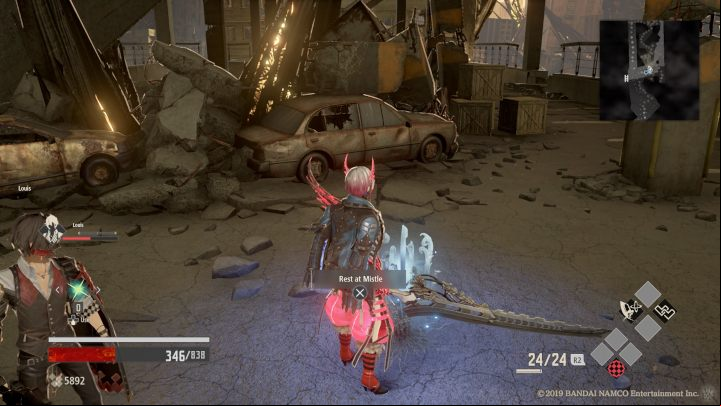 After activating the Mistle, you can follow two paths - one leads to closed doors that serve as a shortcut (you unlock it later), and the second path leads down - Parking Garage | Code Vein Walkthrough - Area E-13 - Code Vein Guide