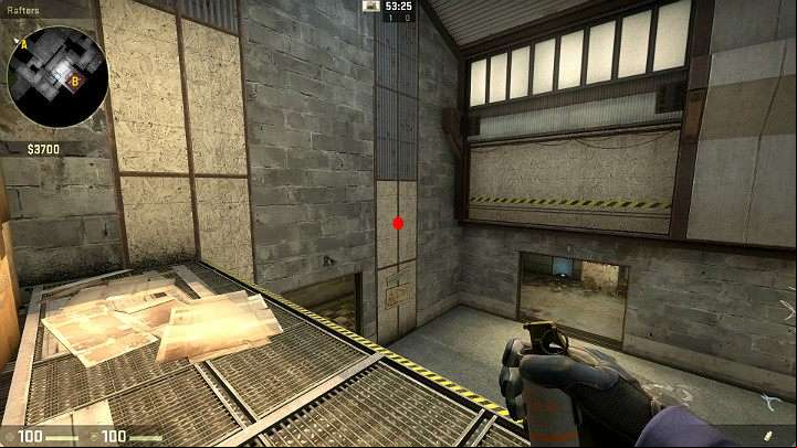 Stand in a specific place on the platform and aim at the point marked in the picture - Cache | Tournament maps in CS GO - Tournament Maps in Counter Strike: Global Offensive - CS GO Game Guide