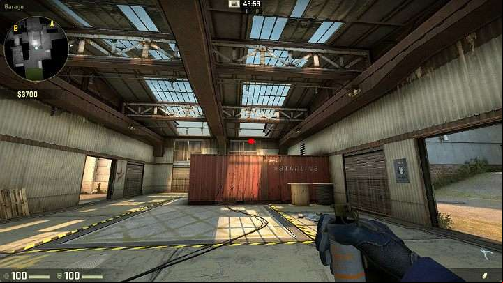 Another throw can be performed in the same way, by standing on the left side of the door and aiming at the marked point - Cache | Tournament maps in CS GO - Tournament Maps in Counter Strike: Global Offensive - CS GO Game Guide