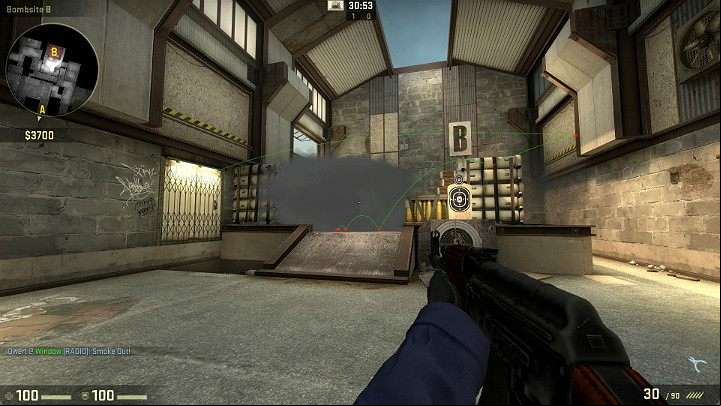 The grenade will fall in through the window, bounce off the wall and the smoke will completely cover point B - Cache | Tournament maps in CS GO - Tournament Maps in Counter Strike: Global Offensive - CS GO Game Guide