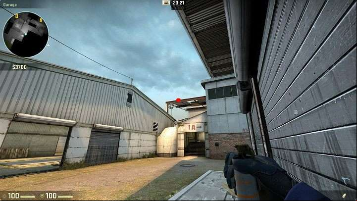 Position yourself in the corner of the garage and aim at the point marked in the picture - Cache | Tournament maps in CS GO - Tournament Maps in Counter Strike: Global Offensive - CS GO Game Guide