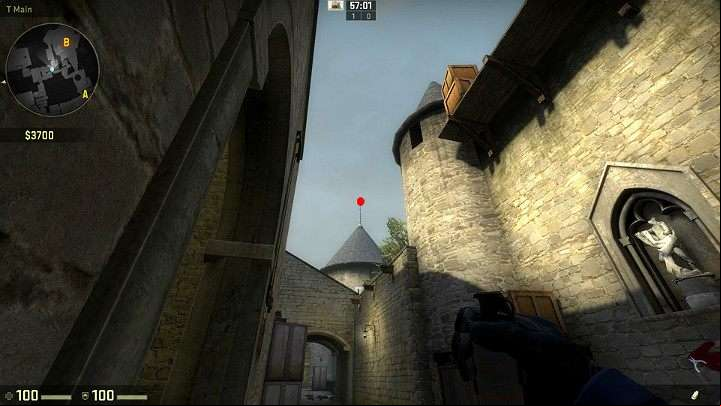 Position yourself in the corner, backward from the wall and aim at the point marked in the picture - Cache | Tournament maps in CS GO - Tournament Maps in Counter Strike: Global Offensive - CS GO Game Guide