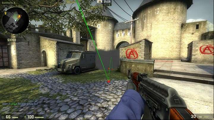 The grenade will drop at point A and it will create a smoke cover on the right side of the armored vehicle - Cache | Tournament maps in CS GO - Tournament Maps in Counter Strike: Global Offensive - CS GO Game Guide