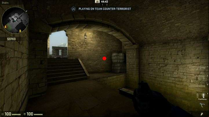 Position yourself in the corner of the room and aim at the point marked in the picture - Cache | Tournament maps in CS GO - Tournament Maps in Counter Strike: Global Offensive - CS GO Game Guide
