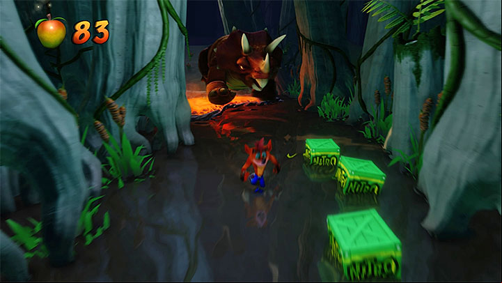 When you return from the bonus round you must avoid lava and enemies that hide under the water - Bone Yard | Crash Bandicoot 3 | Levels - Crash Bandicoot 3 - Medieval location - Crash Bandicoot N. Sane Trilogy Game Guide