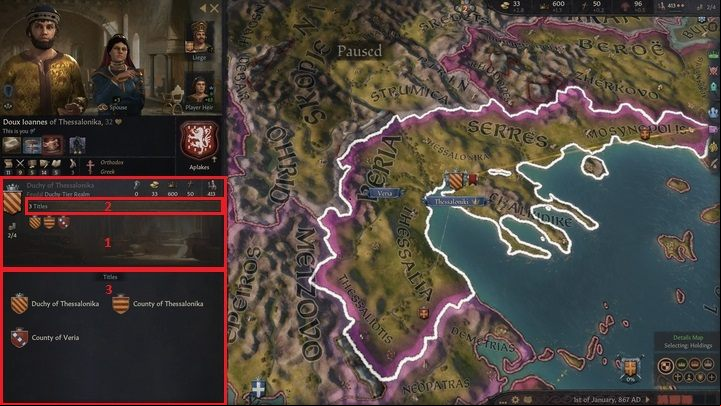 You can check your current titles in the character window (1) - Crusader Kings 3: Titles - Kingdom management - Crusader Kings 3 Guide