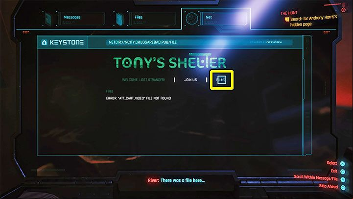 On the Tony's Shelter page, investigate two sections: Us and Files - Cyberpunk 2077: The Hunt - The Laptop Puzzle - Puzzle solutions - Cyberpunk 2077 Guide