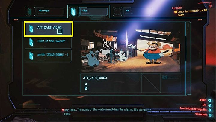 Close the Net tab and return to the "main" tab - Files - Cyberpunk 2077: The Hunt - The Laptop Puzzle - Puzzle solutions - Cyberpunk 2077 Guide