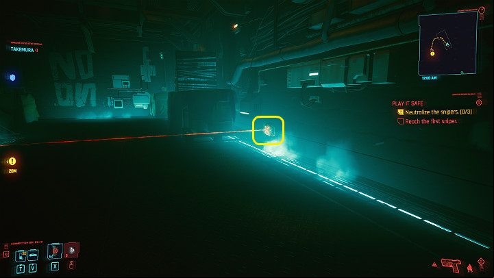 Before you go any further, you have to deal with the explosives - you can shoot at them (and detonate), disarm them (6 points of Technical Ability required), or jump over the laser - Cyberpunk 2077: Play It Safe walkthrough - Act 2 - Cyberpunk 2077 Guide