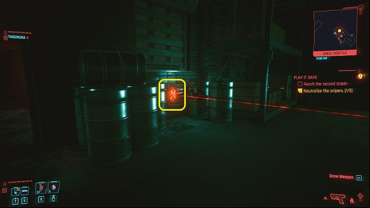 Go through the door on the left and neutralize another mine (disarm, detonate) or jump over the laser - Cyberpunk 2077: Play It Safe walkthrough - Act 2 - Cyberpunk 2077 Guide