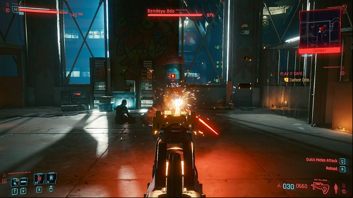 Oda uses mantis blades with high precision, so try to keep the right distance to stay out of reach of his weapon - Cyberpunk 2077: Play It Safe walkthrough - Act 2 - Cyberpunk 2077 Guide