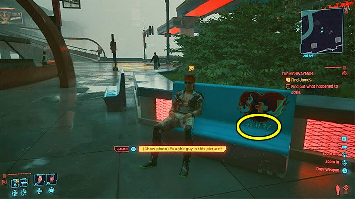 James will be sitting on one of the benches - Cyberpunk 2077: The Highwayman walkthrough - Exploration - Cyberpunk 2077 Guide