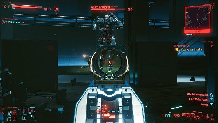 When you notice that Adam Smasher is about to jump, run away immediately from the spot where he intends to land - Cyberpunk 2077: Totalimmortal walkthrough - Act 3 - Cyberpunk 2077 Guide