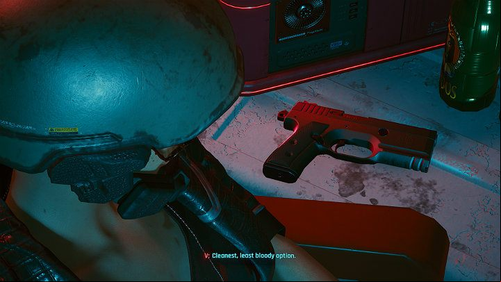 The pills will be thrown off the roof of the building and V will look at the weapon he received from Viktor - Cyberpunk 2077: The worst ending - Endings - Cyberpunk 2077 Guide