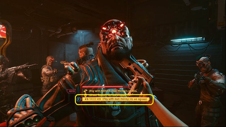 Royce will not be convinced that your intentions are honest, so pull out your gun and make him rethink your offer - Cyberpunk 2077: Is it possible to get Flathead without a fight? - Campaign - Cyberpunk 2077 Guide
