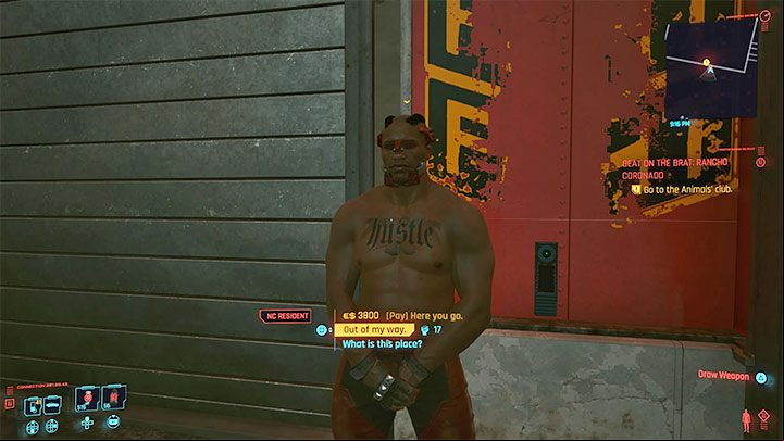 The entrance to the building where the fight takes place is guarded by an Animals' bouncer - Cyberpunk 2077: Beat on the Brat - walkthrough - Exploration - Cyberpunk 2077 Guide