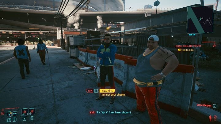 The van is in a nearby garage, but the area is swarming with Valentinos thugs - Cyberpunk 2077: Small Man, Big Mouth - walkthrough - Exploration - Cyberpunk 2077 Guide