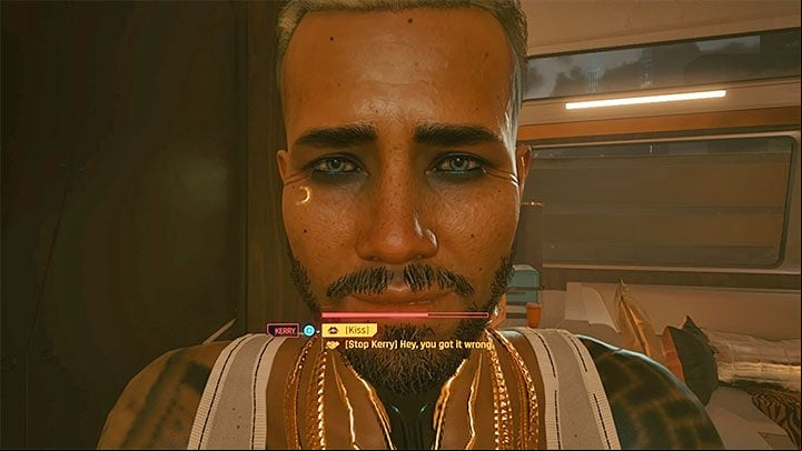 Kerry will ask V for help at some point and this is another opportunity to kiss him - Cyberpunk 2077: Boat Drinks (Kerry) - walkthrough - Storyline quests - Cyberpunk 2077 Guide