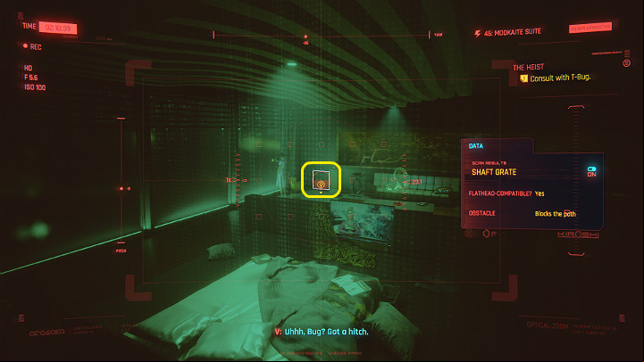 When you switch to the view from the next room, scan the entrance to the ventilation shaft, which is located near the floor, by the window on the left - Cyberpunk 2077: The Heist walkthrough - Act 1 - Cyberpunk 2077 Guide