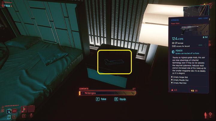 Before you go open the safe, to take the gun that Yorinobu Arasaka put on the cupboard on the other side of the bed - Cyberpunk 2077: The Heist walkthrough - Act 1 - Cyberpunk 2077 Guide